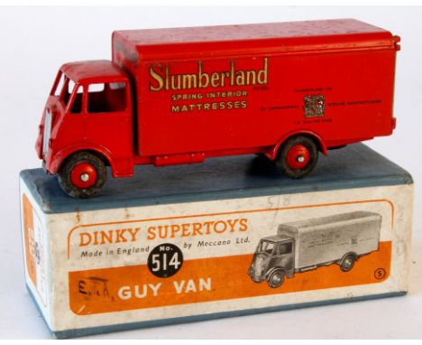 Dinky no. 514 Guy Van 'Slumberland'
Red cab, body, ridged hubs, gold/black lettering to sides in blue lift-off card box with 