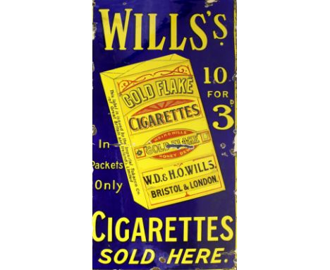 An early 20th Century Wills advertising enamel sign
'Gold Flake Cigarettes', length 90cm.