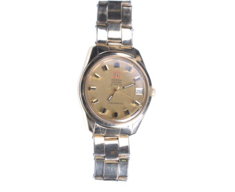 Omega: a gentleman's 9ct gold Omega electronic f300Hz chronometer bracelet watch
The gold tone dial with applied hourly baton