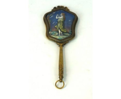 A late 19th Century Regency style ladies dressing hand mirror
Having enamel decoration, depicting a goddess in landscape play