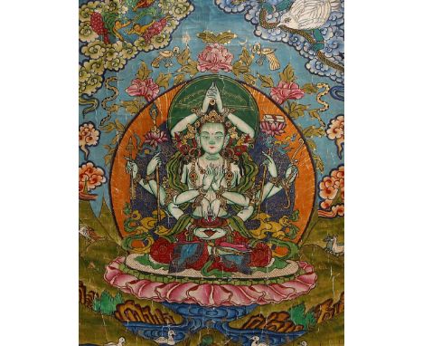 An early 20th Century Tibetan 'Namasangiti' Thangka
With central depiction of the twelve armed manjushri the embodiment of en