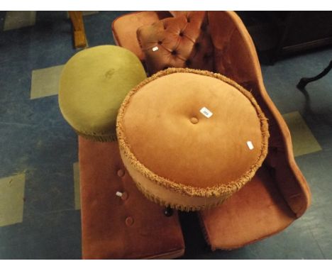 A Collection of Upholstered Furniture Chair, Small Chaise, Ottoman and Two Foot Stools/Pouffe.