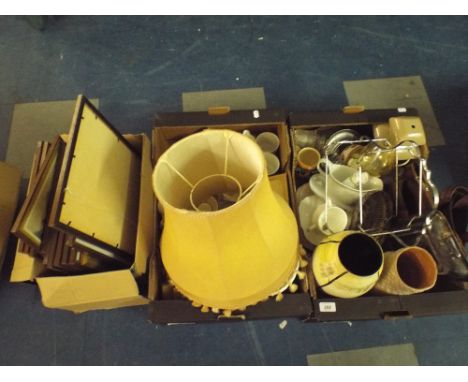 Three boxes to Include Metal Ware, China, Lamp Shade, Pictures and Prints. 