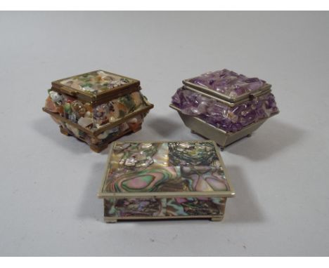 Three Trinket Boxes Decorated with Abalone Shell or Various Gemstones. Stamped Mexico, or Foreign Respectively. 