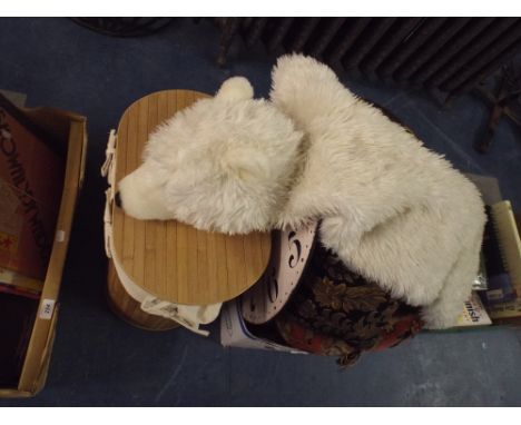 A Box of Soft Furnishings and other items to Include Pouffe, Jones Wall Clock and A Linen Basket Etc. 