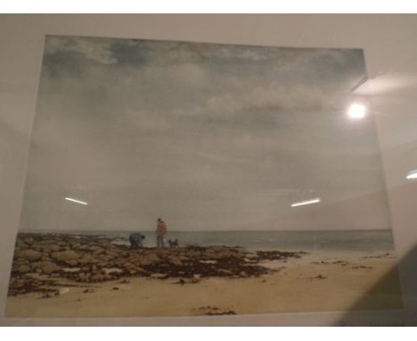A Framed Print by P Langmead Depicting Two People and A Dog Foraging For Cockles on the Seashore. 