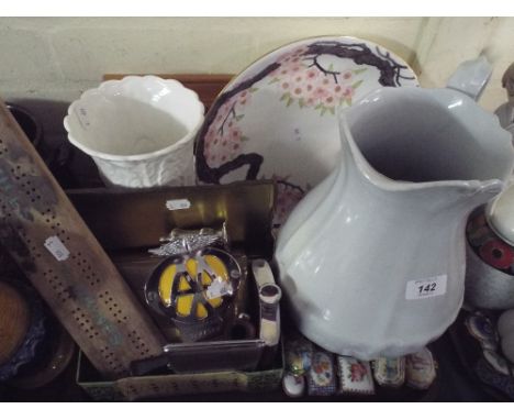 A Tray Containing Coalport Vase, Large Jug, Hand Painted Bowl, Enamel Pill Boxes, AA Badge, Smoking Ephemera, Hohner Harmonic