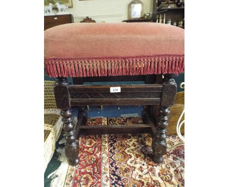 An Oak Stool with Upholstered Top Turned Legs and Carved Stretcher. 