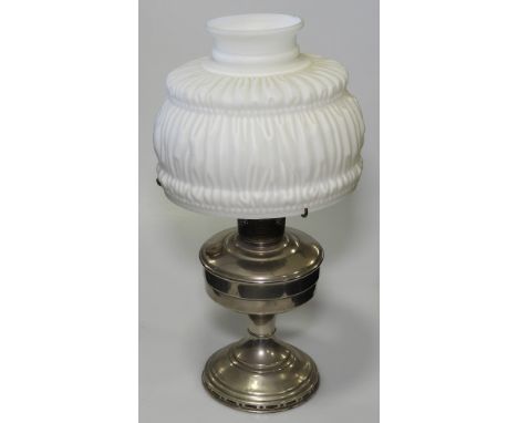 CHROME BASED OIL LAMP (NO FUNNEL) WITH MILK GLASS SHADE  