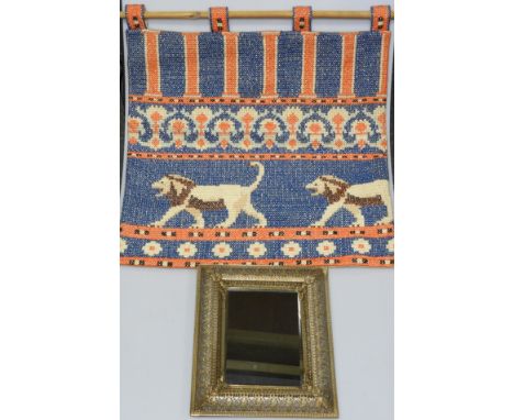 SMALL FILLIGREE BRASS FRAMED MIRROR & TAPESTRY WALL HANGING  