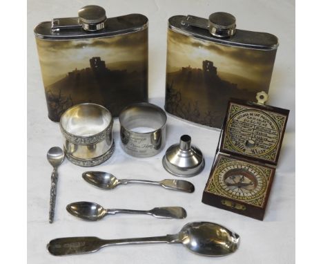 HIP FLASK, CUTLERY, NAPKIN RINGS ETC 