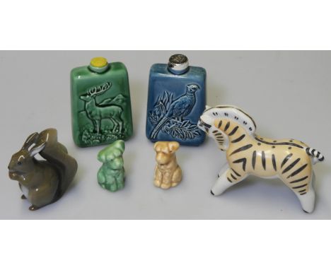 2 BESWICK BENEAGLES SPORTSMANS FLASKS, 2 MINIATURE SYLVAC SEATED TERRIER, DANISH SQUIRREL + CERAMIC ZEBRA 