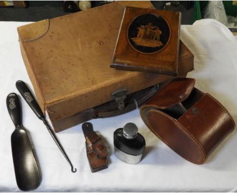 SMALL LEATHER ATTACHE CASE, TRAVELLING MIRROR, TINCTURE BOTTLE, HIP FLASK, BUTTON HOOK & SHOE HORN 
