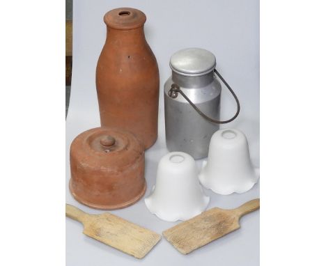 2 LAMP SHADES, BUTTER PATS, ALLOY MILK CAN, EARTHENWARE MILK COOLER & CHEESE DISH COVER 