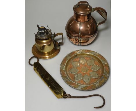 COPPER JERSEY JUG, SALTERS SPRING BALANCE OIL LAMP & DISH 