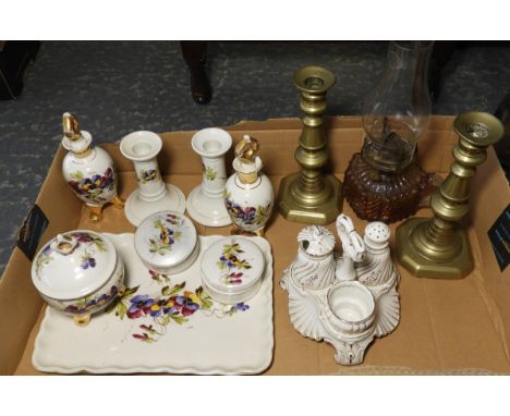 PR BRASS CANDLESTICKS, OIL LAMP, VICTORIAN TABLE CRUET & DRESSING TABLE SET 