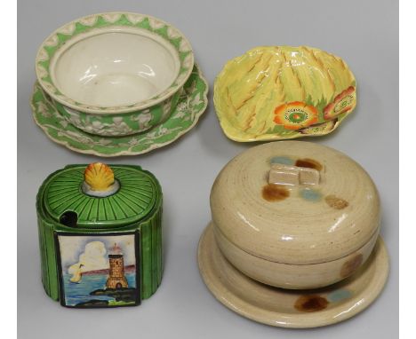 CARLTONWARE DISH, DECO POTTERY POT ON PLATE MARUTOMO POT, DISH & PLATE 