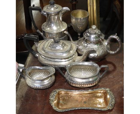 PLATED 3 PIECE TEA SERVICE, COFFEE POT, SM TRAYS & GOBLET 