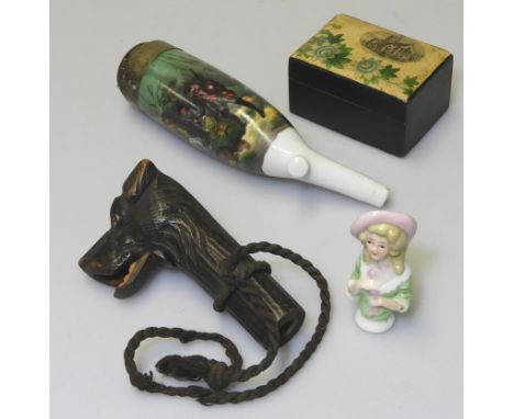 WOODEN DOGS HEAD CANE HANDLE, CERAMIC PIPE, FOLKESTONE SOUVENIR BOX & PINBUST 