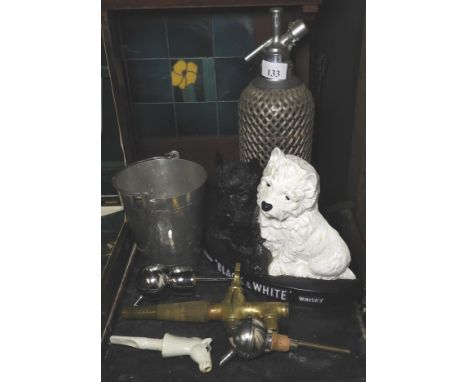 WIRE CLAD SODA SYPHON, ICEBUCKET, WHITE CERAMIC DRINKS DISPENSER & OTHERS, KEGTAP + BLACK & WHITE WHISKY ADVERT SIGN