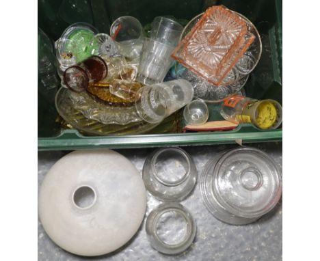 BOX OF GLASS LAMP SHADES & GLASSWARE 