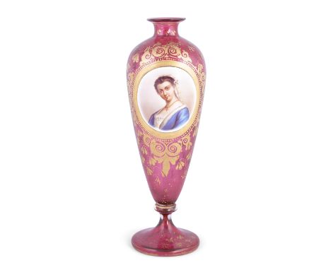 A BOHEMIAN RUBY GLASS AND GILT DECORATED PORTRAIT VASE, of ovoid form, painted with a lady within a circular reserve surround