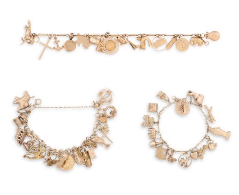 A GROUP OF THREE GOLD CHARM BRACELETS, each 9K gold fancy-link bracelet suspending 9K gold charms including an acorn, an elep