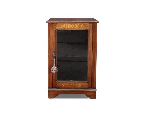 A LATE VICTORIAN INLAID MAHOGANY RECTANGULAR DISPLAY CABINET, the single glazed panel door with floral arabesque decoration, 