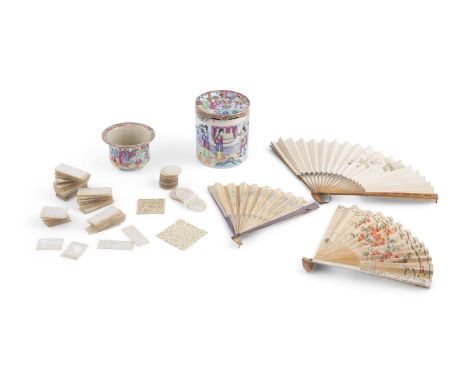 A COLLECTION OF CHINESE ITEMS, comprising a 19th century canton jar and cover of cylindrical shape, 12cm high; plant pot, thr