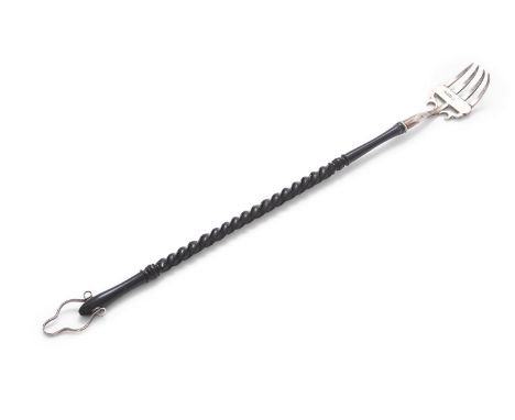 A LATE 19TH CENTURY SILVER AND EBON HANDLED TOASTING FORK, Chester 1899, four pronged, with spiral turned handle terminating 