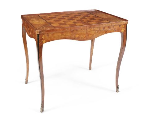 DUTCH WALNUT AND MARQUETRY INLAID GAMES TABLE, 19TH CENTURY, of rectangular form with canted corners, centred with chess squa