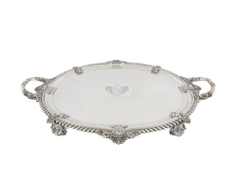 ***ADDITIONAL LOT ***A FINE LARGE VICTORIAN SILVER PLATED SERVING TRAY, of two handled oval form, with engraved armorial with