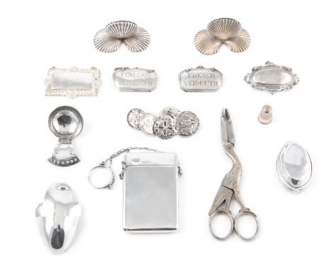 A COLLECTION OF MISCELLANEOUS SILVER AND EPNS, comprising an Edwardian silver card case, an 18th century snuff box, a silver 