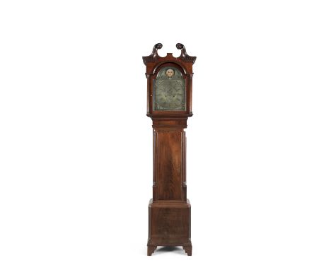 A GEORGE III MAHOGANY LONG CASE CLOCK, with broken swan neck pediment and dentil ornament over an arched glazed panel door fl