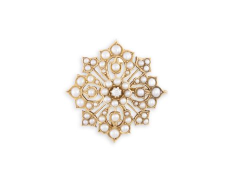 A SEED PEARL AND DIAMOND BROOCH, designed as a rosace set throughout with seed pearls and a old-cut diamond at the centre, mo