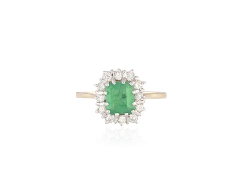 AN EMERALD AND DIAMOND RING, the rectangular-cut emerald within a surround of round brilliant-cut diamonds, mounted in 18K go