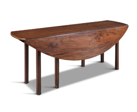 A GEORGE III STYLE MAHOGANY OVAL DOUBLE DROP LEAF HUNTING TABLE, with moulded rim and raised on square gate legs. 183cm long