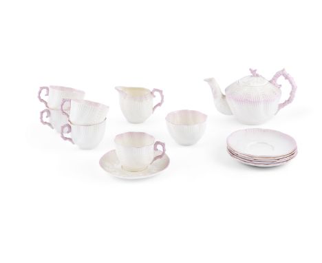 A SELECTION OF BELLEEK SECOND PERIOD BLARNEY PATTERN PINK TINTED TEA WARE, (D567), comprising a teapot (unmarked), six saucer