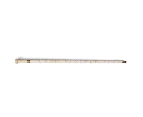 A CHINESE 19TH CENTURY WHALE BONE WALKING CANE/SWORD STICK, simulating bamboo, each segment inked and engraved with figural s