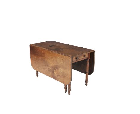 A MAHOGANY RECTANGULAR DOUBLE DROP LEAF DINING TABLE, 19TH CENTURY, with plain rim above a single frieze drawer and raised on