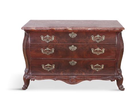 A DUTCH MAHOGANY AND ROUGE MARBLE COMMODE, 18TH CENTURY, of rectangular bombe shape, fitted with three long graduated drawers