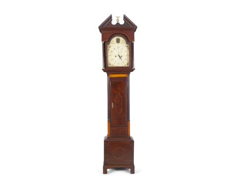 A GEORGE III INLAID MAHOGANY LONGCASE CLOCK, the hood with broken pediment and centred with a brass eagle and ball, the arch 