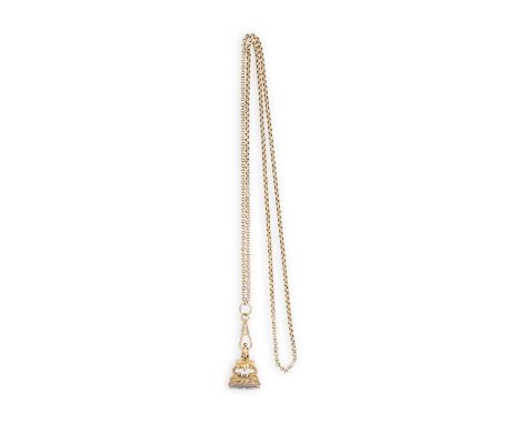 A GOLD FOB ON CHAIN, the fob with scrolling engraving set with a bloodstone with two intaglio Baroque initials, mounted in go