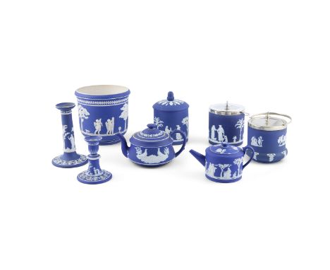 A COLLECTION OF VICTORIAN WEDGWOOD BLUE JASPERWARE, comprising two teapots, two silver plate mounted biscuit barrels, two can