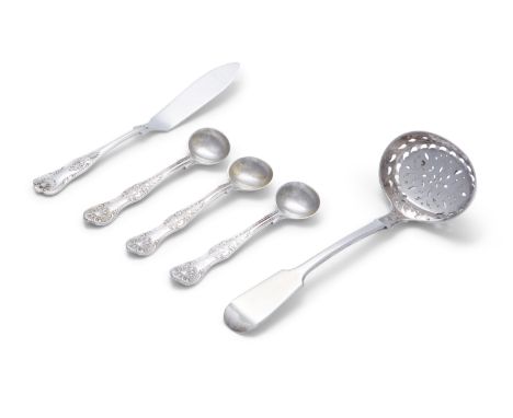 A FIDDLE PATTERN STRAINING LADLE; together with three small mustard spoons by George Adams; and a small butter knife. (5)