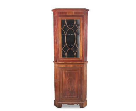 A GEORGIAN STYLE INLAID MAHOGANY TALL CORNER DISPLAY CABINET, with moulded dentil cornice above a single astragal glazed pane