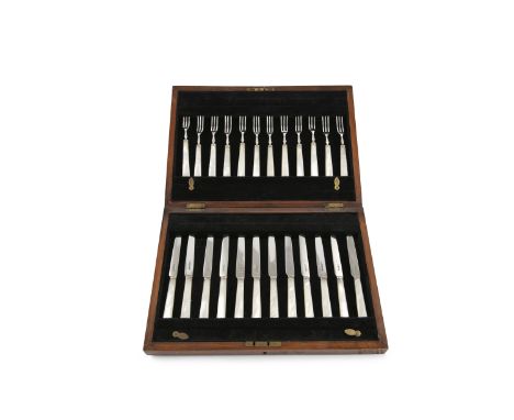 A CASED SET OF TWELVE VICTORIAN SILVER FRUIT KNIVES AND TWELVE FORKS, Sheffield 1867, with mother of pearl handles