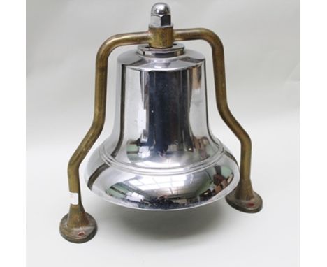 A MID 20TH CENTURY FIRE ENGINE BELL, chromed finish on brass frame, mounted on a polished wood stand, with turned wood hammer