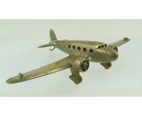 A MID 20TH CENTURY PLATED BRASS MODEL of a twin engine aeroplane, 19.5cm wingspan 