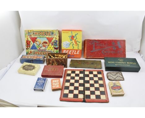 A LARGE COLLECTION OF VINTAGE GAMES to include; a boxed chess set and board, 2 Waddingtons Bezique markers, brass cribbage bo